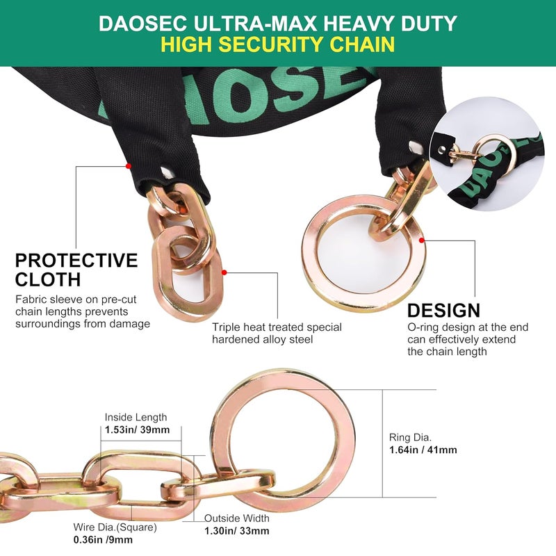 DAOSEC 10ft Maximum Security Chain - 3/8" (9mm) Hardened Boron Steel - Anti-Theft Motorcycle & Bike Lock for Fence, Shed, ATV, RV (Weatherproof Galvanized) - Image 4